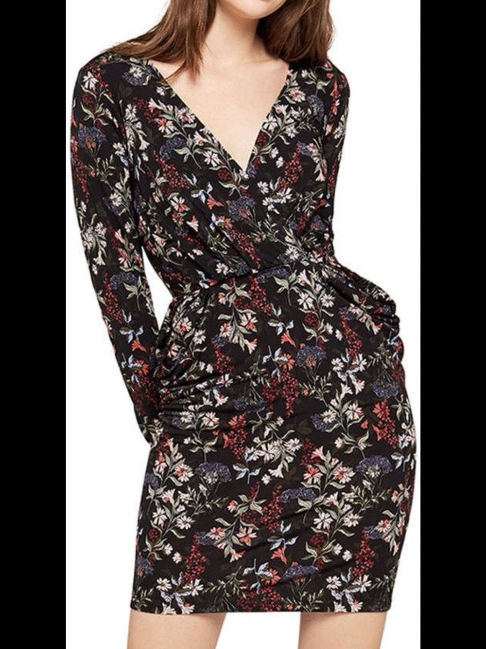 BCBGeneration Black Floral Wrap
V Neck Long Sleeve Dress